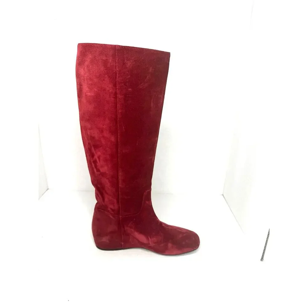 Longchamp Red Brick Suede Knee High Boots Flat Riding Boots Size EU 37